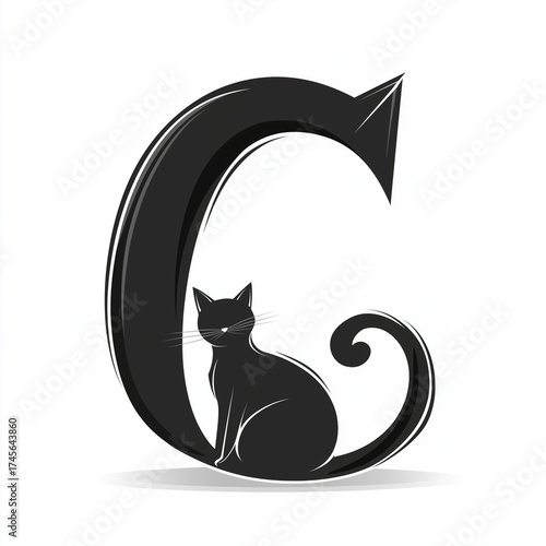 Modern capital C in sans serif font with playful kitten curled up inside the letterform, pure white backdrop, vector art illustration, crisp lines, no drop shadows or gradients