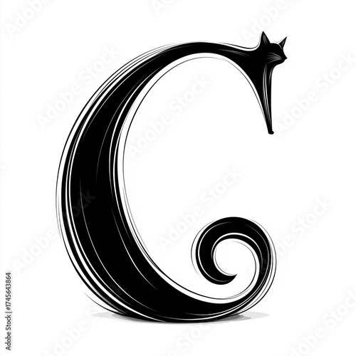 Modern capital C in sans serif font with playful kitten curled up inside the letterform, pure white backdrop, vector art illustration, crisp lines, no drop shadows or gradients