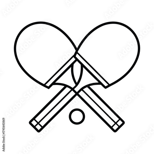 Simple line drawing of two crossed ping pong paddles and a small ball on a white background
