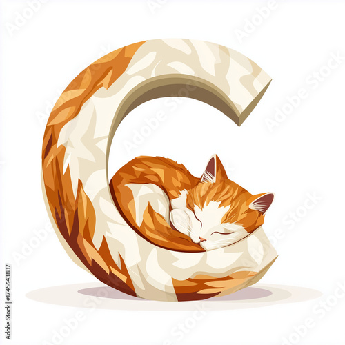 Modern capital C in sans serif font with playful kitten curled up inside the letterform, pure white backdrop, vector art illustration, crisp lines, no drop shadows or gradients