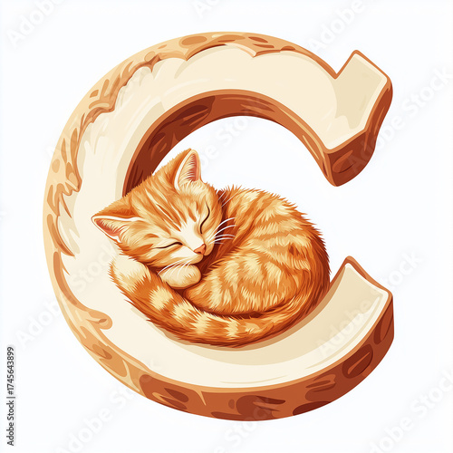 Modern capital C in sans serif font with playful kitten curled up inside the letterform, pure white backdrop, vector art illustration, crisp lines, no drop shadows or gradients