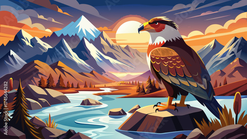 Beautiful Winter landscape with bird. Southern Caracara plancus, in morning light. Bird of prey stitting on stone.Wildlife scene from nature, South America, Torres del Paine NP, Chile. Patagonia