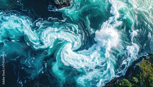 Aerial view of swirling ocean currents, white foam, turquoise and dark blue