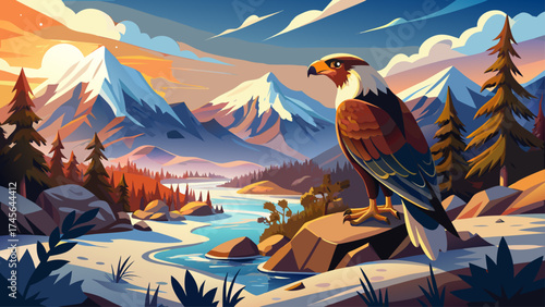 Beautiful Winter landscape with bird. Southern Caracara plancus, in morning light. Bird of prey stitting on stone.Wildlife scene from nature, South America, Torres del Paine NP, Chile. Patagonia