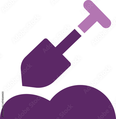 Purple shovel digging into abstract purple soil mounds earth garden