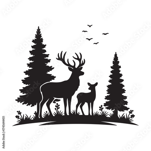 Deer Family Silhouette in a Forest Scene