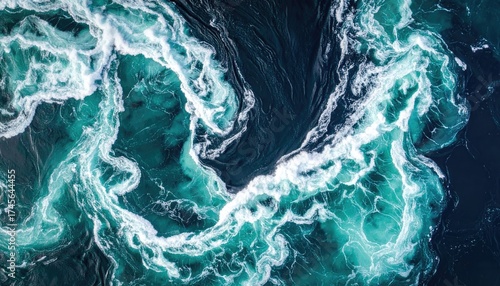 Turbulent sea water patterns, churning and swirling teal and dark blue
