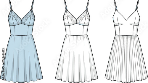 Women’s dress front views with lace and pleated variations, fitted bodice fashion flat sketch, technical apparel drawing