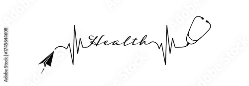 Paper airplane ekg line, stethoscope, health text design isolated on white background. Healthcare symbol to use for health industry, cardiology, medical care, hospital, health science projects.