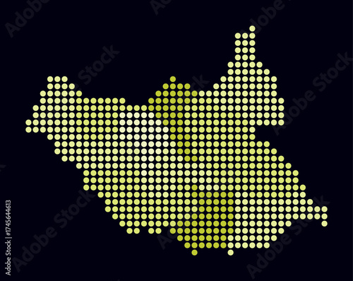 South Sudan dotted map. Digital style map of the country on dark background. South Sudan shape with circle dots. Colored dots style. Large size circles. Artistic vector illustration.