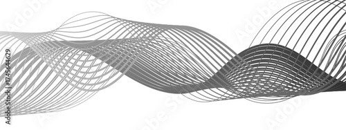 Abstract continuous wave of fine gray lines forming a horizontal sinusoidal pattern. Varying density and 3D motion illusion. Minimalist geometric design with sound, frequency, and data aesthetic.