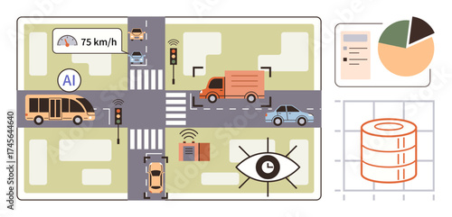 AI monitors speed, traffic flow, and vehicle data at a city intersection using sensors and analytics. Ideal for smart cities, automation, AI innovation, traffic efficiency, urban planning, data