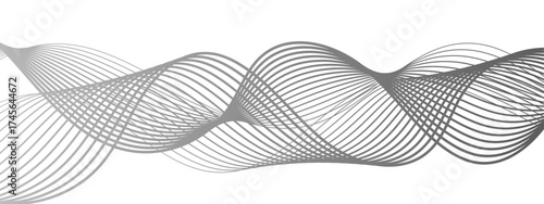 Abstract continuous wave of fine gray lines forming a horizontal sinusoidal pattern. Varying density and 3D motion illusion. Minimalist geometric design with sound, frequency, and data aesthetic.