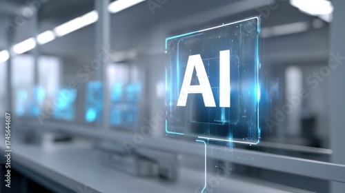 glowing AI icon floating above blurred futuristic lab with holographic screens, symbol of artificial intelligence in real world context