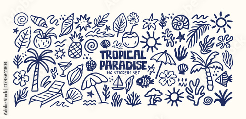 Tropical paradise shapes in retro cartoon style. Summer beach elements: palm trees, coconuts, sun, shells, fish, umbrellas, lounge chairs and leaves. Illustration in linear style, trendy stickers

