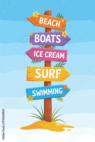 Colorful beach direction signpost illustration with arrows, summer vacation theme, surf, swimming, ice cream, tropical travel design