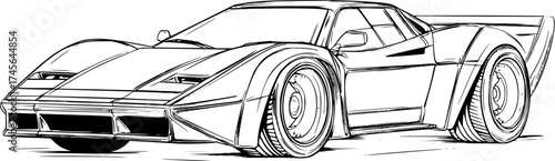 Detailed outline drawing of a retro sports car with large racing wheels and aerodynamic body for automotive design sketch, coloring page, and engineering illustration