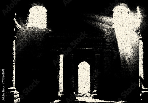 Ancient ruins in sci-fi scene with dotwork retro style. Mysterious gate debris with dramatic lights and retro texture