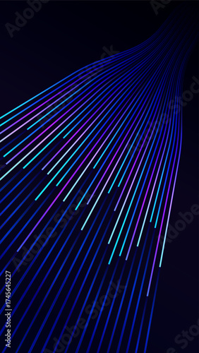 Dark abstract background featuring numerous parallel, streamlined neon lights in electric. The lines converge and blur, creating a powerful illusion of speed, light trails, and digital momentum.