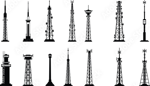Communication towers, broadcast antennas, observation towers, telecommunication masts, satellite dishes, signal transmission towers, wireless 