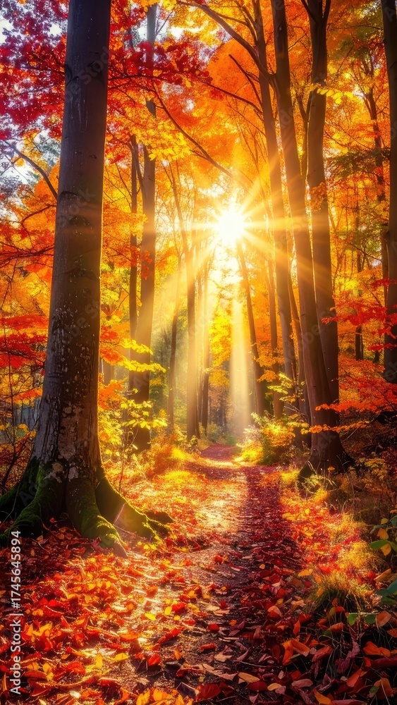 Fototapeta premium Sunlit path through a vibrant autumn forest with colorful leaves and beams