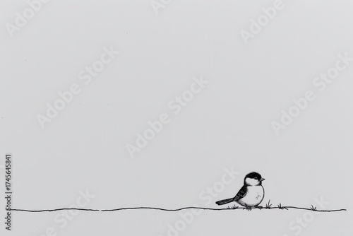 Minimalist black and white sketch of a small bird standing on sparse grass, evoking simplicity, solitude, and natural grace.