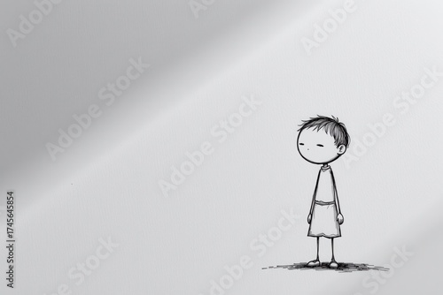 Monochrome sketch of a child-like figure standing quietly on a textured surface with soft gray background, evoking innocence and solitude.