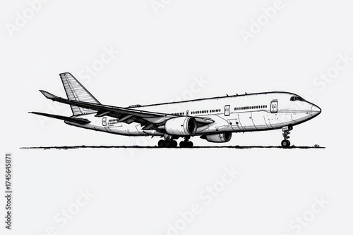 Detailed black and white side view of a commercial jet airliner with landing gear deployed, ideal for aviation and engineering contexts.