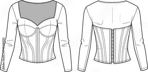 Long sleeve corset top front and back view, sweetheart neckline fashion flat sketch, technical apparel drawing