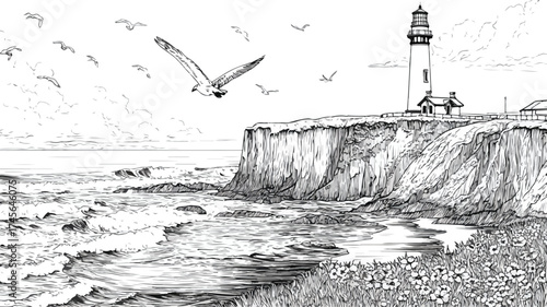 Majestic Coastal Landscape with Waterfall, Lighthouse, and Ocean Waves for Design Projects