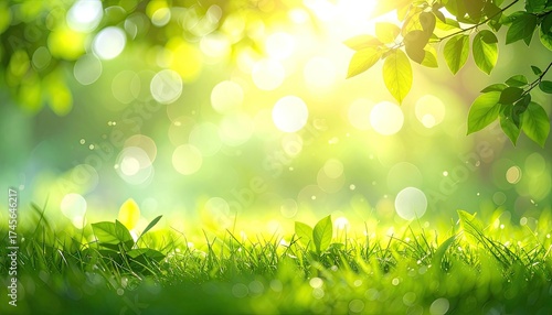 Lush green meadow with bokeh sunlight through vibrant leaves