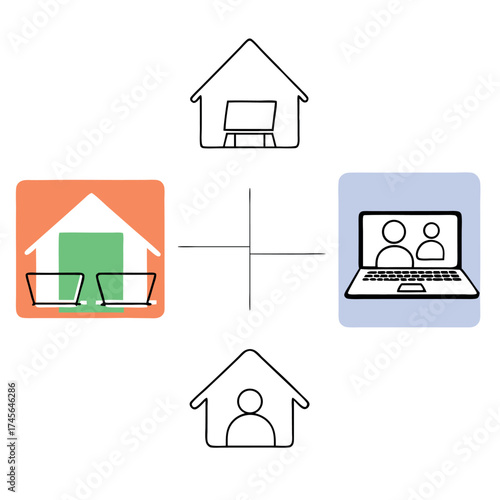 Remote work, video conference, and virtual meeting at home minimal line vector icons set