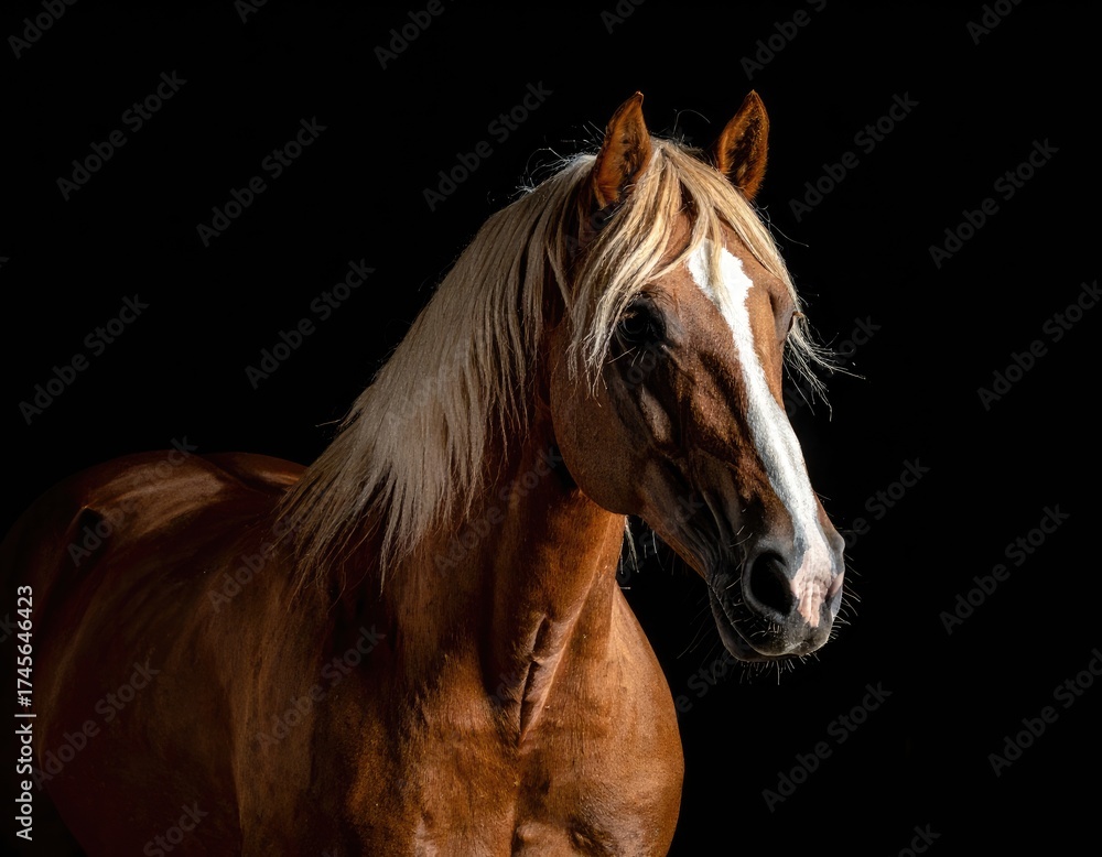 Obraz premium Regal brown horse portrait with blonde mane and black backdrop