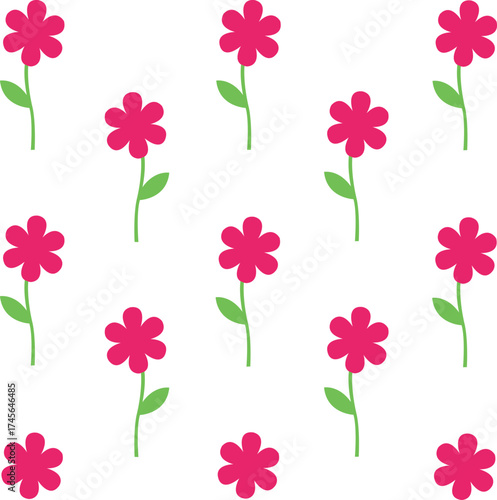 Vector art of seamless flowers pattern of simple pink flowers with green stems and leaves, cute illustration for kids, wallpaper and tiles