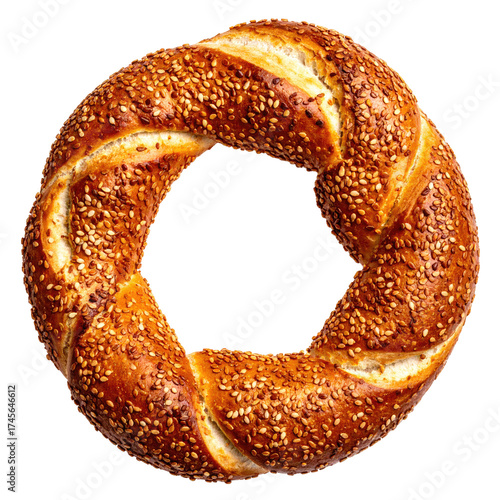 Close-up of a circular bread, covered in sesame seeds, with a glossy texture