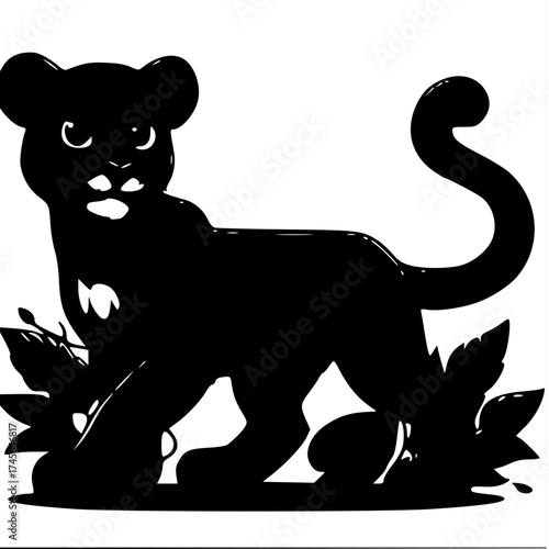 Detailed Black Panther Cub Silhouette with Jungle Leaves - Aggressive Stance Vector Mascot