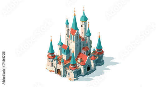 Enchanting Fairytale Castle Isometric Illustration in Fantasy Medieval Architecture