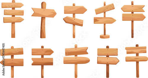Set of twelve wooden directional signs, blank rustic boards, navigation arrows and shapes, vector illustration for map or game design