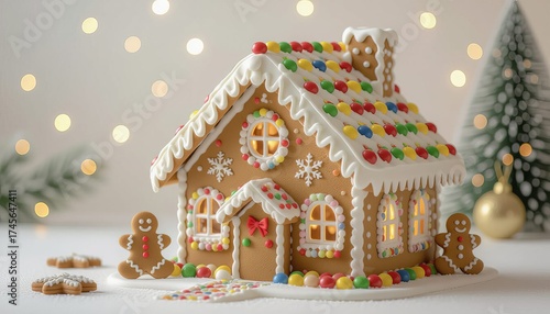 Gingerbread house with christmas decoration on bokeh background