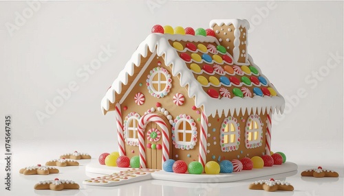Gingerbread house with christmas decoration on bokeh background