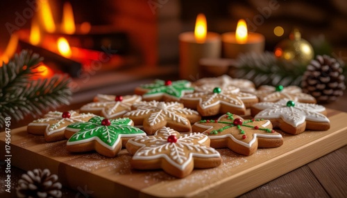 Christmas gingerbread cookies on a wooden board with a burning fireplace in the background