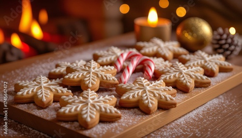 Christmas gingerbread cookies on a wooden board with a burning fireplace in the background