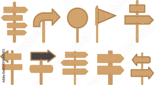 Set of twelve wooden directional signs, blank rustic boards, navigation arrows and shapes, vector illustration for map or game design