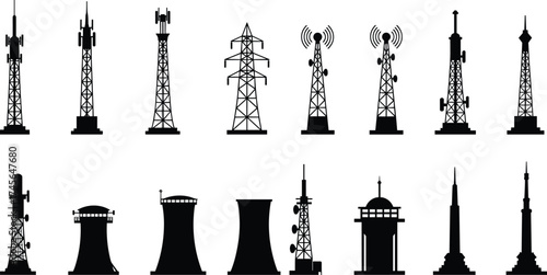 Communication towers, transmission towers, radio towers, cooling towers, observation towers, skyscrapers, industrial chimneys, power infrastructure, 