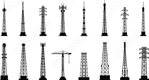Communication towers, transmission pylons, oil derricks, construction cranes, industrial towers, energy infrastructure, telecommunication masts, engineering structures, urban silhouettes, 