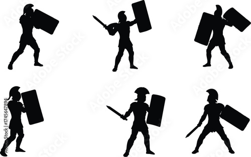 Silhouettes of Ancient Greek or Roman Gladiators and Warriors with Shields, Helmet, Sword, Combat, Coliseum, Spartan, Antiquity, Historical Battle

.