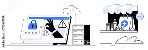 Laptop with lock, keys, warning, cloud server, and 247 storefront imagery emphasize online security risks and data encryption. Ideal for cybersecurity, online retail, data privacy, e-commerce