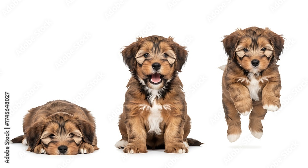 Fototapeta premium Adorable brown and white fluffy puppy in three different poses on white background.