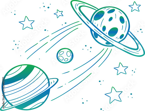 Cute cartoon turtle astronaut swimming near a sea of stars with a planet and moon design vector illustration