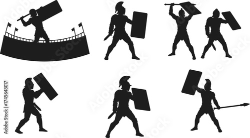 Silhouettes of Ancient Greek or Roman Gladiators and Warriors with Shields, Helmet, Sword, Combat, Coliseum, Spartan, Antiquity, Historical Battle

.
